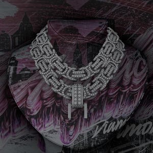 May include: A diamond necklace with a layered design, displayed on a bust against a backdrop of a cityscape and abstract purple and white brushstrokes. The word "Diamonds" is visible in the background.