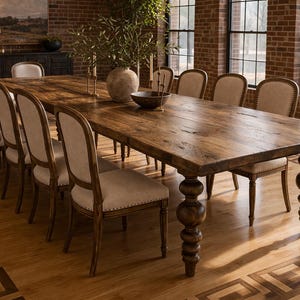 10 Ft Farmhouse Dining Table | Solid Wood Turned Leg Kitchen Table