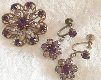 Vintage Rhinestone Purple Brooch & Earrings Set