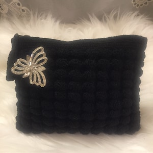 Vintage Crochet Black Clutch/ Vintage Brooch