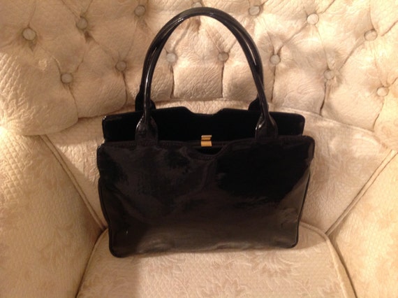 Vintage 80s Patent Black Handbag Basic Purse Prep… - image 1