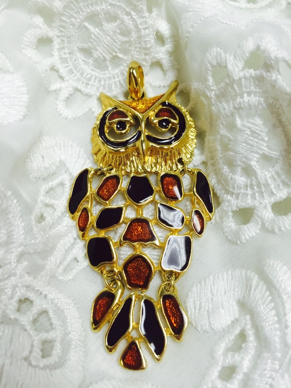 Vintage Goldtone Retro BrownRustic Owl