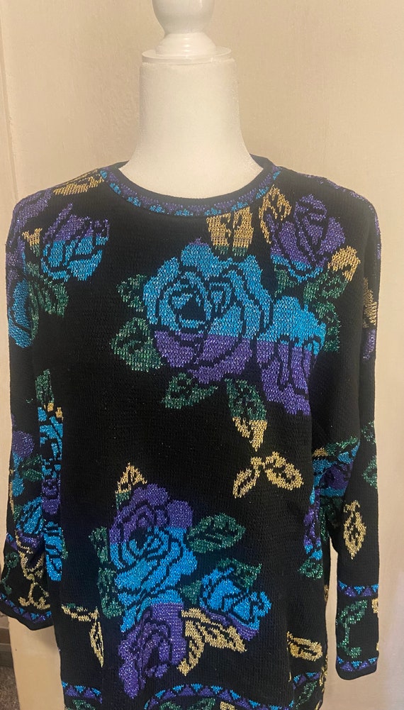 Vintage Glitter Design Floral Sweater - image 2