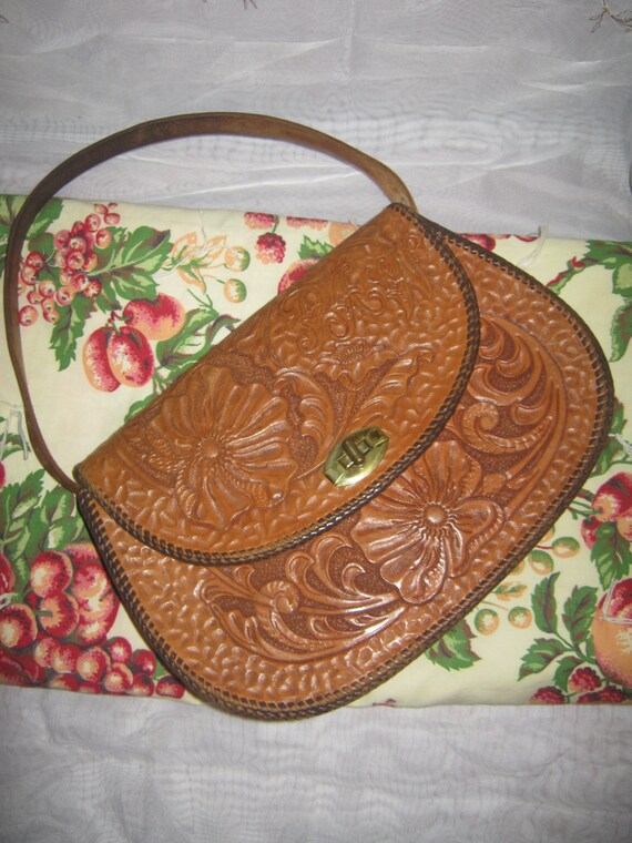 Vintage Tooled Leather Worn Handbag Purse Matching Wa… - Gem