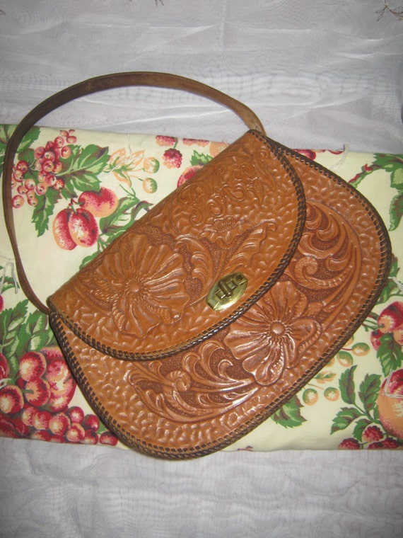 Vintage Tooled Leather Worn Handbag Purse Matching Wa… Gem