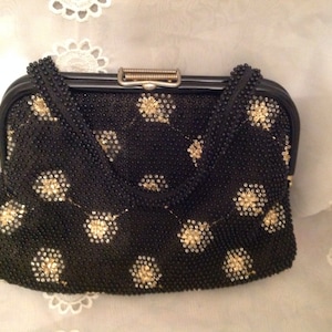 Vintage Black Starburst Beaded Old Fashion Handbag Chic Classic Preppy Purse Pocketbook