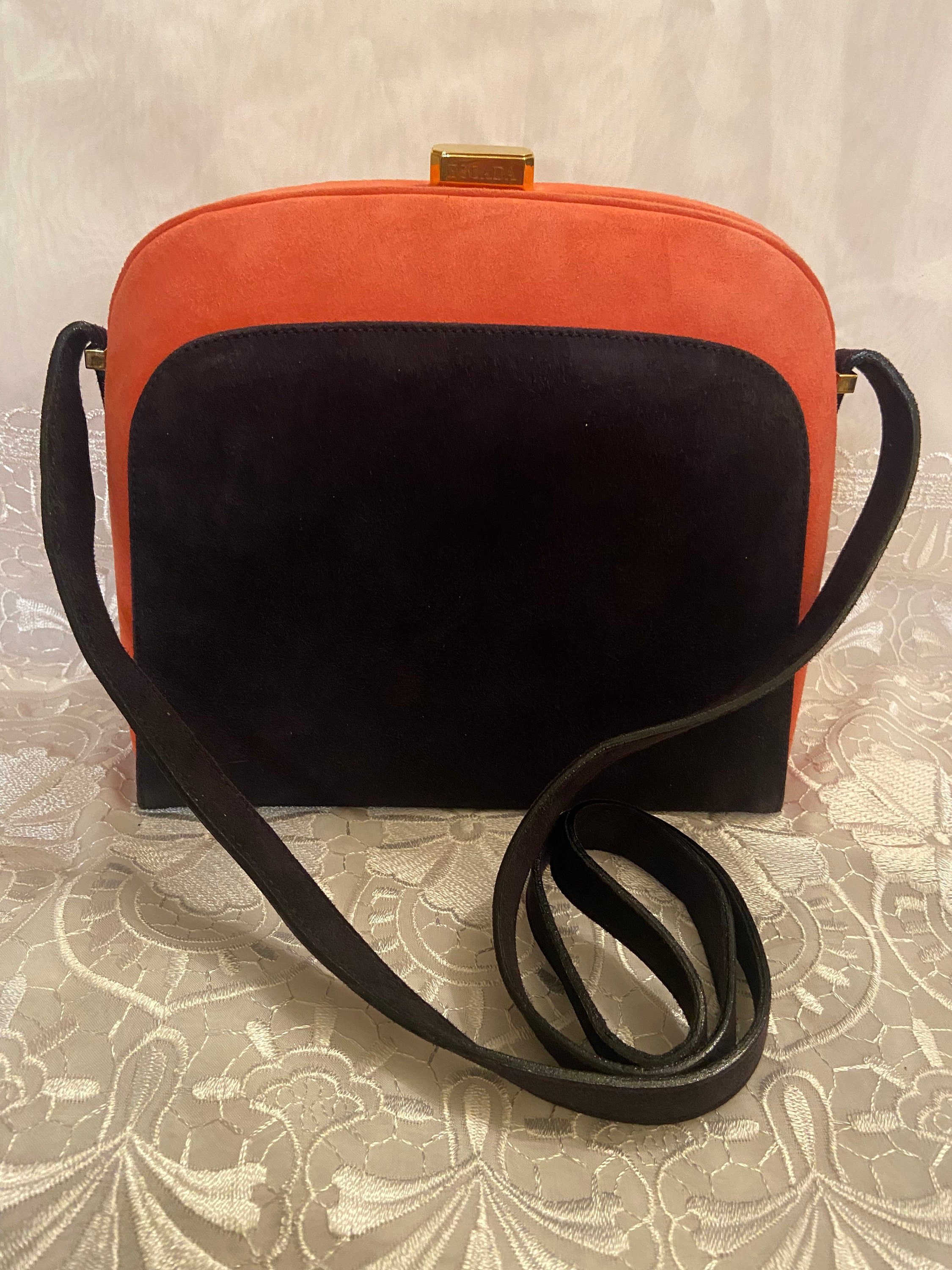Escada Purse Bag Carmel Brown Leather Print w Adjustable Shoulder