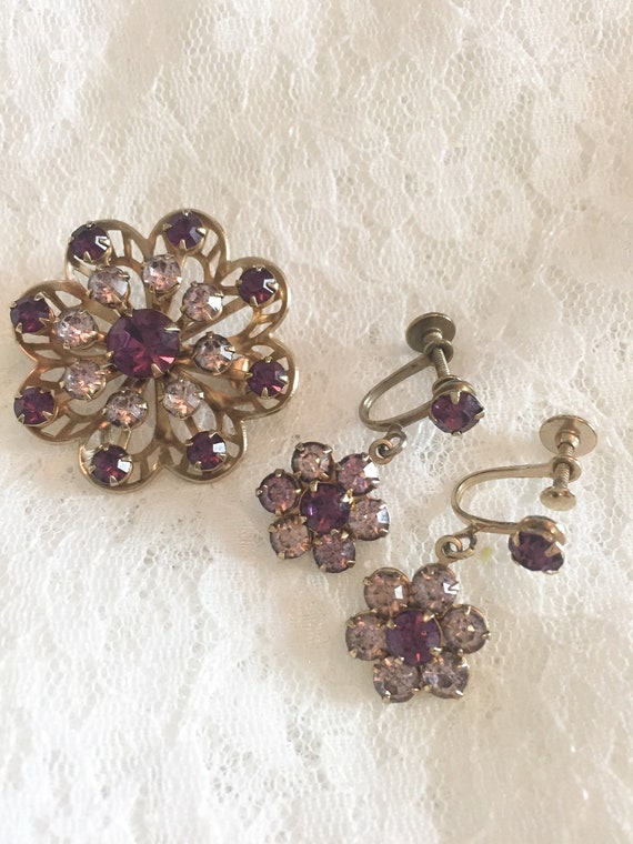 Vintage Rhinestone Purple Brooch & Earrings Set