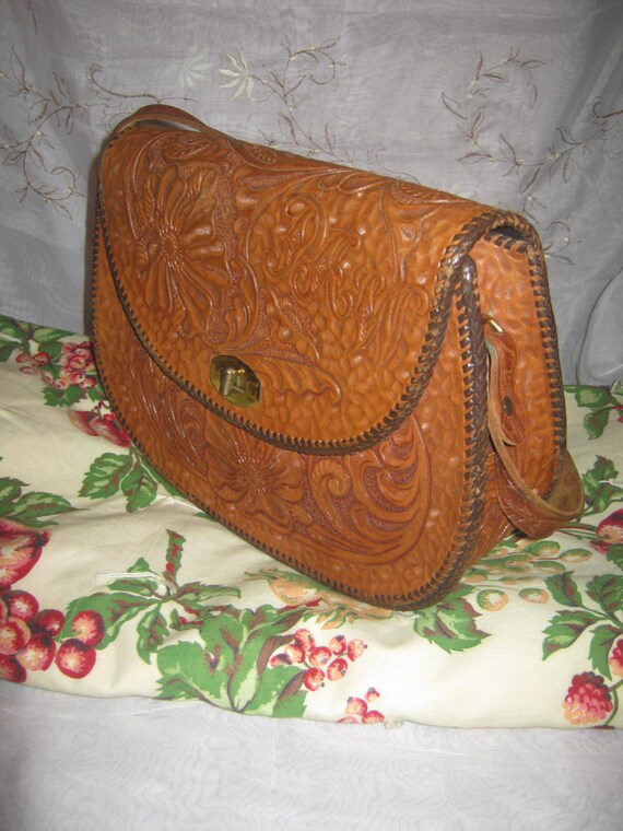 Vintage Tooled Leather Worn Handbag Purse Matching Wa… Gem