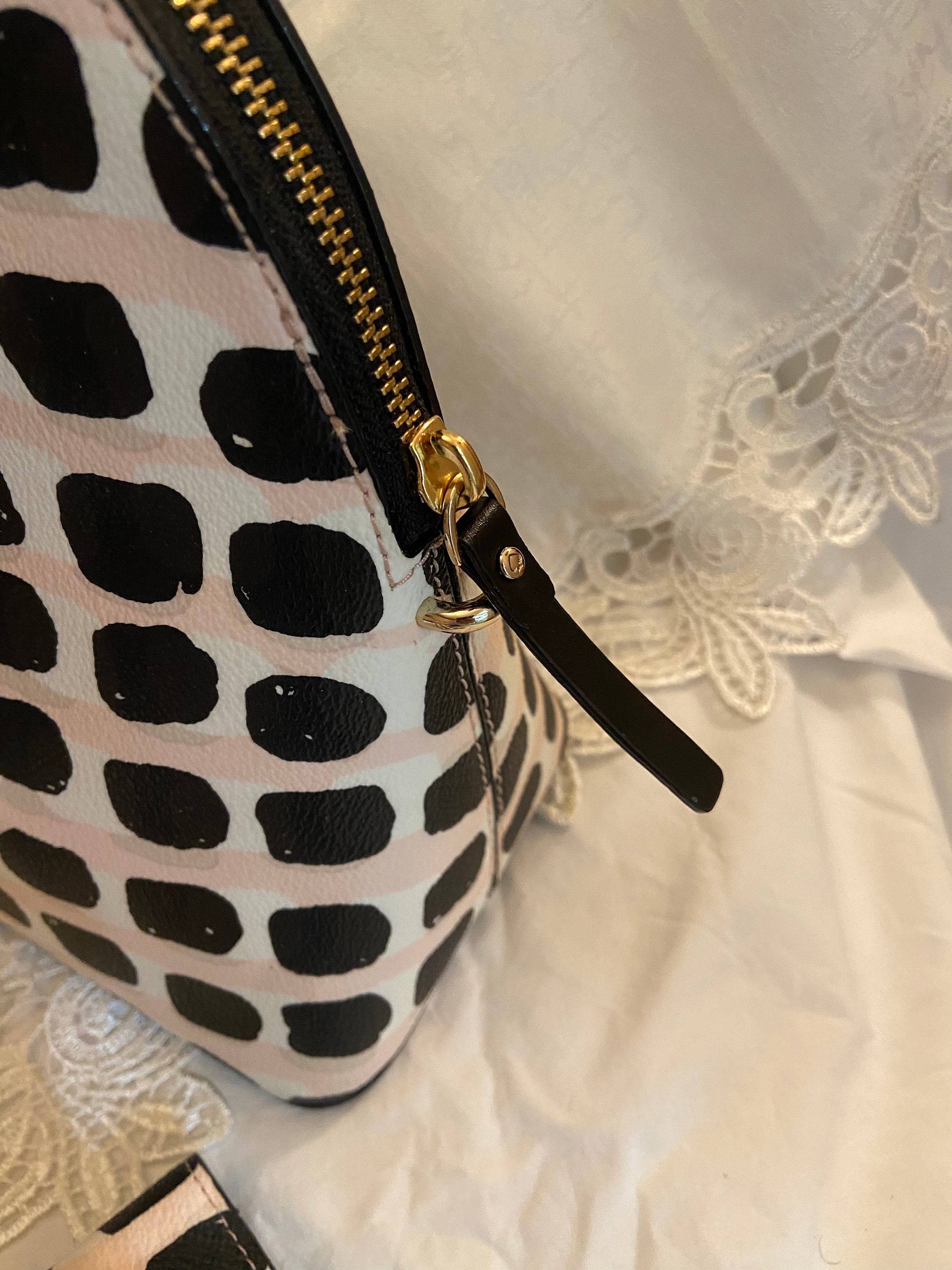 Vintage  Kate Spade Caramel Leather strap, black background with white polkadots Kate Spade Polka Dot Dome Bag | Mercari main image 3