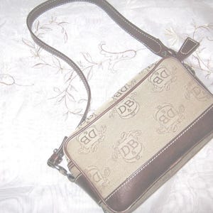 Vintage Dooney Bourke Brown Fabric Leather Trim Print 80s Style Fashionable Design Small Handbag Purse
