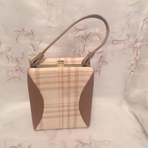 Vintage Old Fashion Brown Beige Vinyl Fabric Box Pocketbook Handbag Classic Fashion Purse
