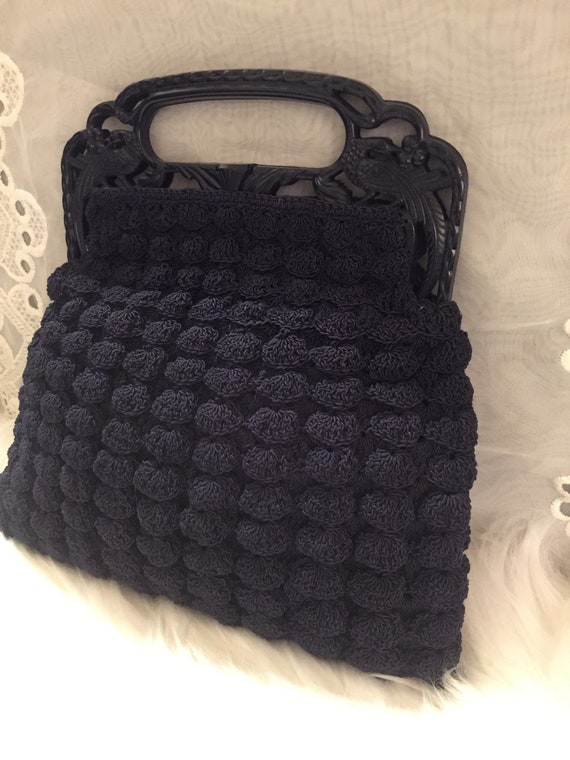 Vintage Navy Blue Crochet Corde Old Fashion Knit … - image 2