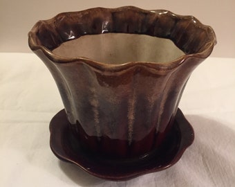 Vintage Pottery Drip Glaze Brown Jardinere