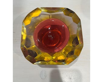Vintage Murano Sommerso Glass Ashtray Bowl Red Amber Geode Faceted