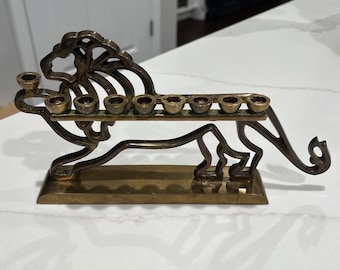 Small Vintage Brass Lion Menorah Eight Candle Holders Judaica Israel Mid Century