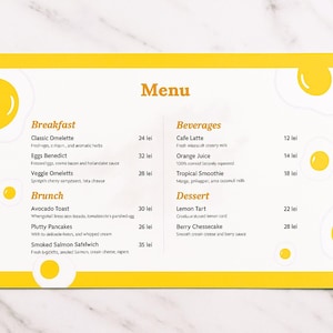 Plantilla de menú de brunch en Canva / Menú de restaurante horizontal A4 editable / Descarga digital PDF imprimible / Lista de comidas para cafetería de desayuno