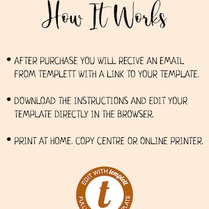 May include: A beige graphic with the words "How It Works" in a handwritten font. Bullet points explain the process: receive an email, download instructions, and print. A circular logo with the text "Edit with Templett" is at the bottom.