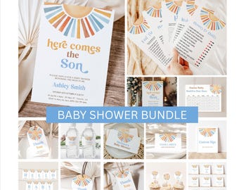 Pacchetto di inviti per baby shower Sunshine: Boho Blue, giochi (download digitale)
