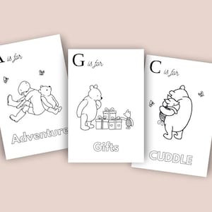 May include: Three black and white illustrated cards with the letters A, G, and C. The cards feature images of a bear and a child with the words "Adventure", "Gifts", and "Cuddle". Butterflies are also included.
