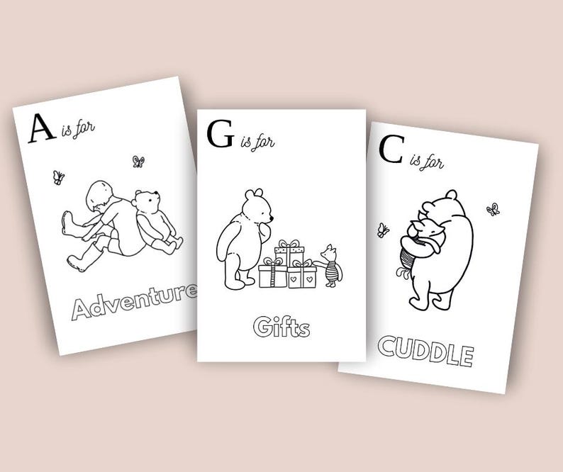 May include: Three black and white illustrated cards with the letters A, G, and C. The cards feature images of a bear and a child with the words "Adventure", "Gifts", and "Cuddle". Butterflies are also included.