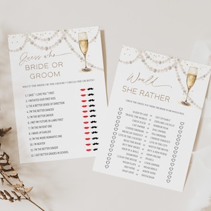 May include: Two white cards with gold text and illustrations for a bridal shower game. One card says "Guess Who Bride or Groom" and the other says "Would She Rather". Both cards have a champagne glass illustration.