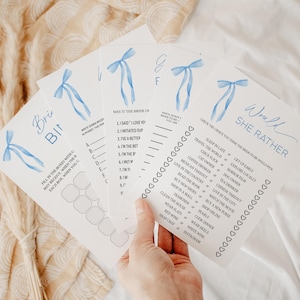 30 She&#39;s Tying the Knot Bridal Shower Game Bundle, Blue Bow Bridal Shower Games, Tying the Knot Bridal Games, Editable Instant Download