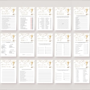 May include: A set of printable bridal shower games on white paper. Each card features a champagne glass illustration and string lights. Games include "Find the Guest", "Guess the Bride or Groom", and "Bridal Bingo".