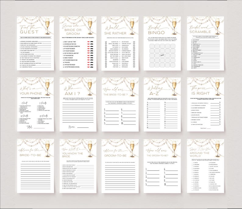 May include: A set of printable bridal shower games on white paper. Each card features a champagne glass illustration and string lights. Games include "Find the Guest", "Guess the Bride or Groom", and "Bridal Bingo".