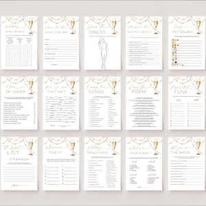 May include: A set of printable bridal shower games on white cards. Each card has gold text and a champagne glass illustration. Games include "Word Search," "Guess the Dress," and "Pictionary."