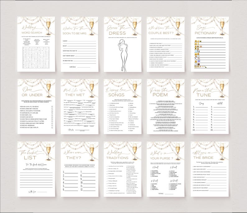 May include: A set of printable bridal shower games on white cards. Each card has gold text and a champagne glass illustration. Games include "Word Search," "Guess the Dress," and "Pictionary."