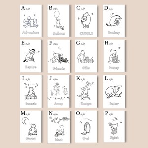 May include: A collection of sixteen black and white Winnie the Pooh alphabet cards. Each card features a different illustration and word, such as "Adventure," "Balloon," and "Cuddle." The cards are arranged in a grid, perfect for nursery decor or educational use.