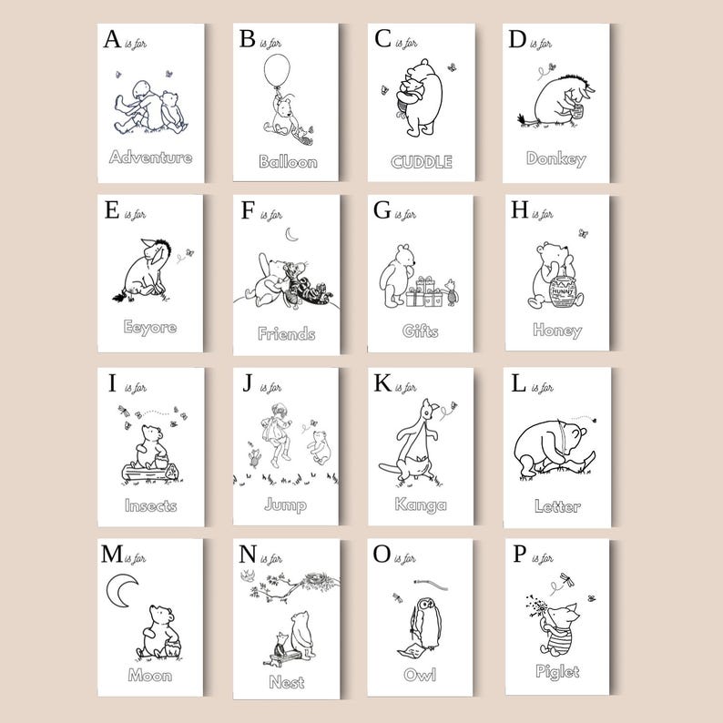 May include: A collection of sixteen black and white Winnie the Pooh alphabet cards. Each card features a different illustration and word, such as "Adventure," "Balloon," and "Cuddle." The cards are arranged in a grid, perfect for nursery decor or educational use.