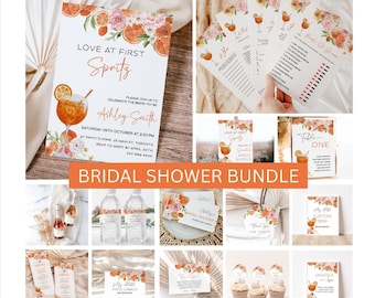 Puede incluir: Un paquete para despedida de soltera con temática de cítricos y flores. La invitación dice "Love at First Spritz" con detalles del evento. Otros artículos incluyen tarjetas de juego, tarjetas de mesa, etiquetas para botellas de agua y adornos para cupcakes.