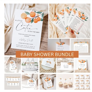 May include: A baby shower bundle featuring invitations, games, and decorations. The design includes watercolor orange fruit and green leaves. The invitation reads "A Little Cutie is on the Way!" and includes event details.