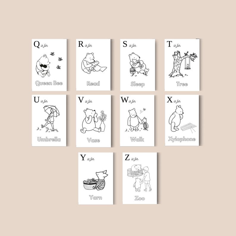 May include: Black and white illustrations of Winnie the Pooh characters with the alphabet. Each card features a letter and a corresponding word: Queen Bee, Read, Sleep, Tree, Umbrella, Vase, Walk, Xylophone, Yarn, and Zoo.