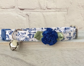 Blue Floral Cat Collar, Mini Dog Collar, Bell Charm, Custom Sized
