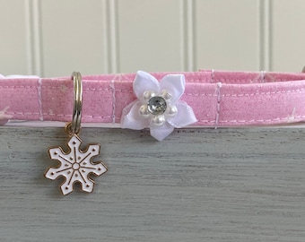 Christmas Pink Glistening Snowflake Cat Collar, Dog Collar, Breakaway , Non-Breakaway, Custom Sizes