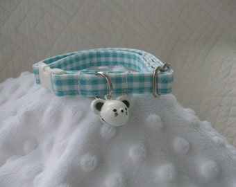 Aqua Gingham Cat Collar with Bell, Breakaway Safety Buckle