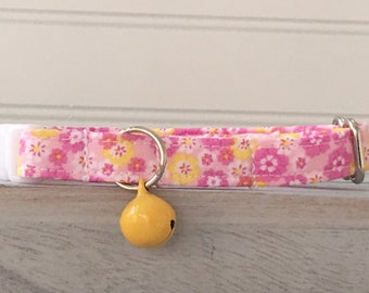 Pink Floral Cat Collar, Mini Dog Collar, Custom Sized, With Bell