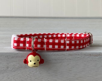 Red  Gingham  Cat Collar with Monkey bell  Cat  Breakaway Collar Custom Made