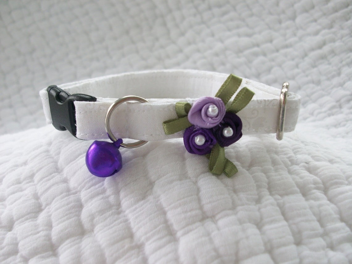 Purple Roses Pearl Cat Collar With Bell Wedding Cat Breakaway Etsy