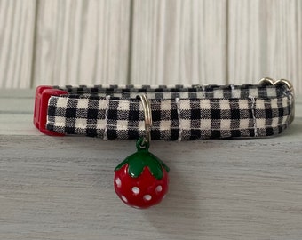 Cat Collar, Black Gingham  Cat Collar, Strawberry Collar, Mini Dog Collar