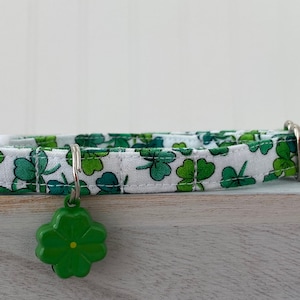 May include: A white and green clover-patterned fabric cat collar with a silver buckle and a green clover-shaped charm.