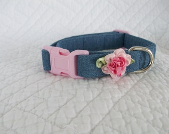 Dog Collar Blue Denim with Pink Buckle and Pink Cluster FLower Dog Collar Custom Sized