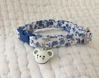 Blue and White flower Cat  Breakaway Collar Custom Made, Mouse Cat Collar, Mini Dog Collar