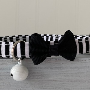 May include: Black and white striped cat collar with a black bow tie and a white bell.