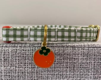 Clementine Cat Collar, Green  Gingham  Cat Collar with clementine charm, Dog Non Breakaway, custom size