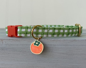 Clementine Cat Collar, Green  Gingham  Cat Collar with clementine charm, Dog Non Breakaway, custom size