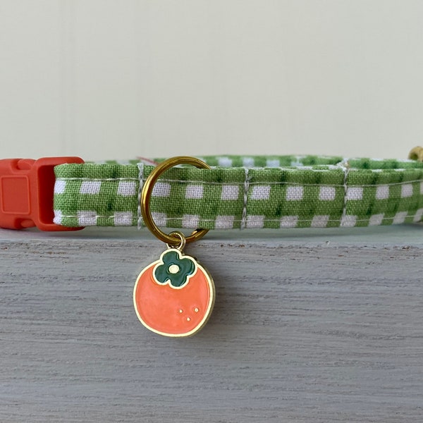 Clementine Cat Collar, Green  Gingham  Cat Collar with clementine charm, Dog Non Breakaway, custom size
